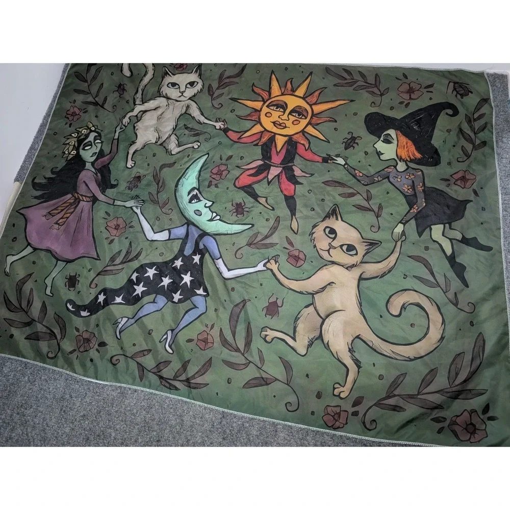 36x28 Wall Tapestry Witch Witchy Nature Circle Dancing Cats Sun Moon Green